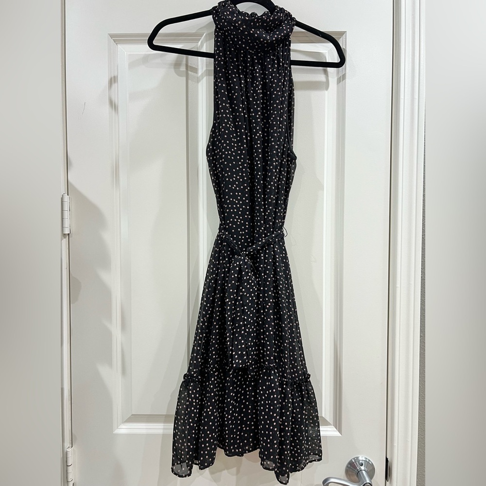 Taylor A-line Women's Black Dress Tan Polka Dot Halter Neck Ruffles Short